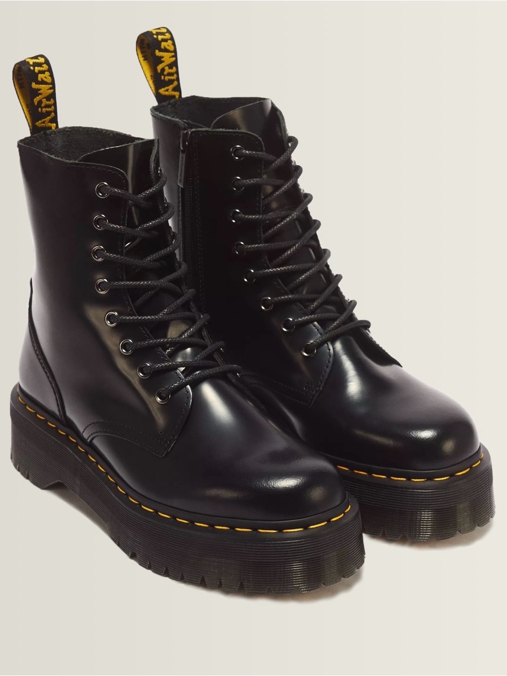 Dr. Martens Black Leather Platform Lace-Up Combat Boots with Yellow Stitching